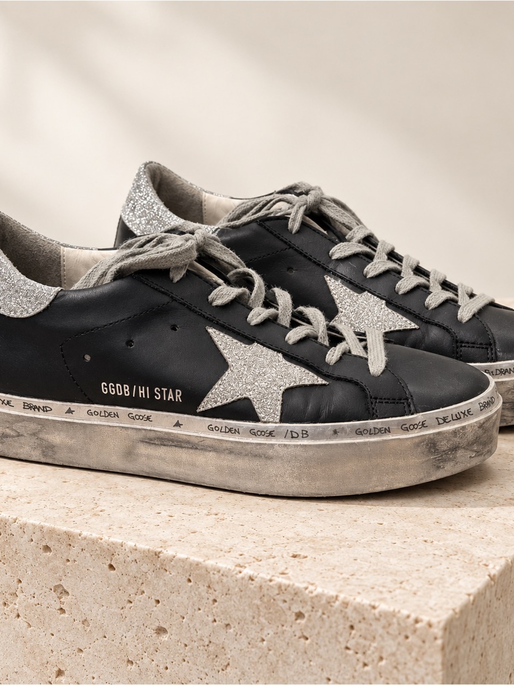 Authentic Golden Goose Hi Star Black Silver Sneakers 38